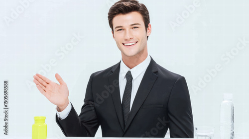 Confident leader giving motivational speech with welcoming gesture, dressed in formal suit, exuding professionalism and charisma