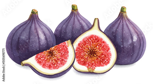 Detailed Watercolor Illustration Of Fresh Ripe Figs Some Whole And Some Sliced On A White