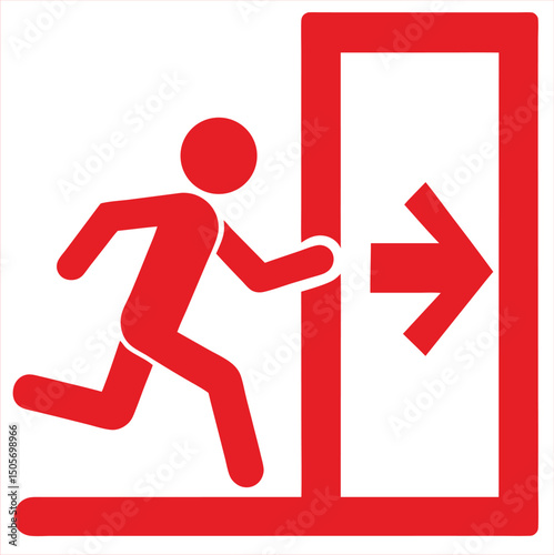 Silhouette of a person running toward an EXIT door. Bold text and arrow convey urgency. Ideal for alerts, warning signs, emergency signage, safety posters, or editorial use.