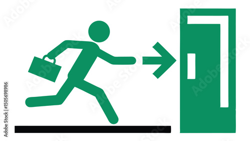 Silhouette of a person with a briefcase running toward an EXIT door. Bold text and arrow convey urgency. Ideal for alerts, warning signs, emergency signage, safety posters, or editorial use.