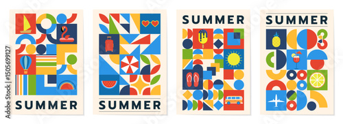 Summer geometric posters. Colorful geometry and travel or vacations on beach icons. Background contemporary with tiles and simple elements, sea tropical resort, abstract cards. Vector illustration set