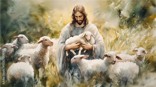Vector illustration of  Jesus Christ with sheep, watercolor  painting.