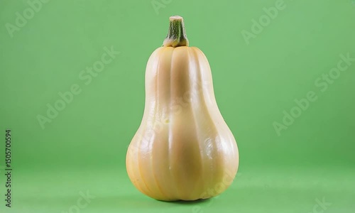 Butternut Squash Portrait: A singular butternut squash stands tall against a vibrant green backdrop, its smooth skin and gentle curves a celebration of nature's simple beauty.