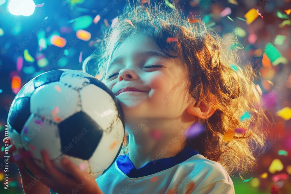 Naklejka premium Young child soccer player kissing ball with joy