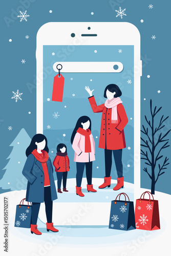 Women shopping with smartphone in snowy winter scene, festive style for holiday sales