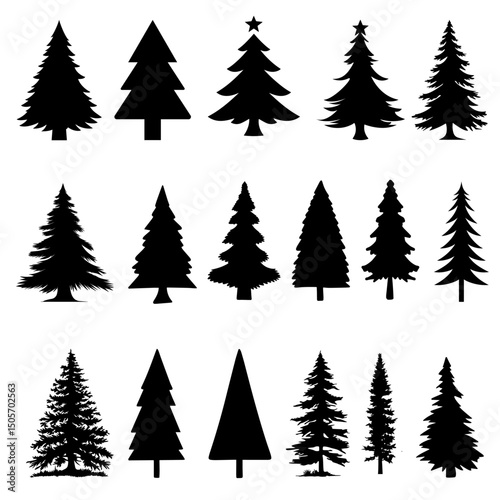 Christmas Tree Silhouette Icons Set – Festive Holiday Vector Illustrations