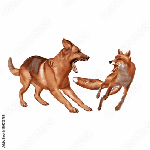 Pugna canis contra vulpem depicta est in arte vectoriali. Animalium motus et habitus accurate repraesentantur.