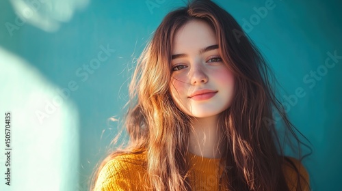 Cheerful long-haired girl exudes joy, vibrant energy radiates in a creative moment.