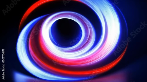 Abstract swirling light vortex with red, white, and blue hues on a dark background