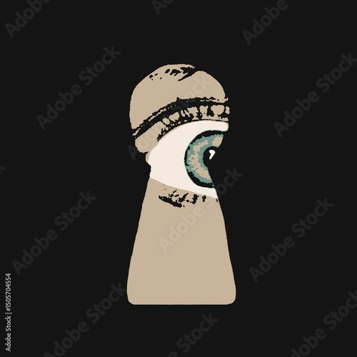 Woman’s Eye Peeking Through a Keyhole – Minimal Comic-Style Illustration of Curiosity and Mystery