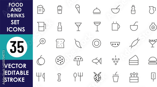 A minimalist vector icon set featuring 35 editable stroke food and drink icons, including candy, fruits, desserts, snacks, beverages, and utensils in line art