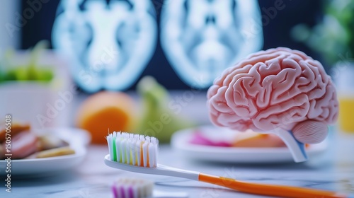 Dental floss and toothbrush with brain scan and food, emphasizing oral health's role in stroke prevention.