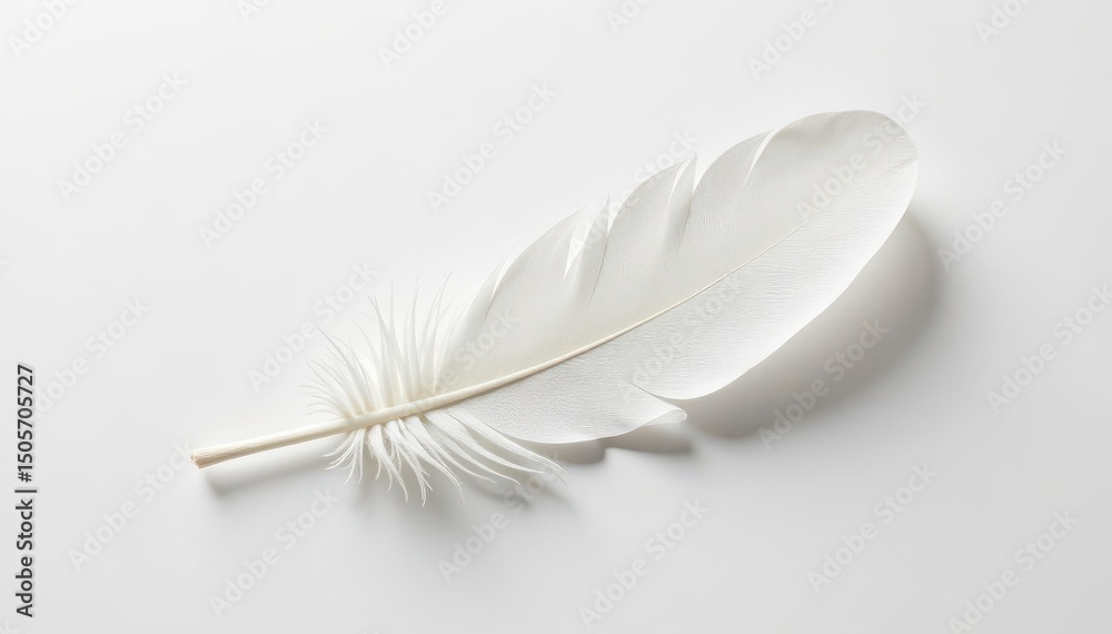 A single white feather floats on a stark white surface, clean, lightness, white A single white feather floats on a stark white surface, clean, lightness, white