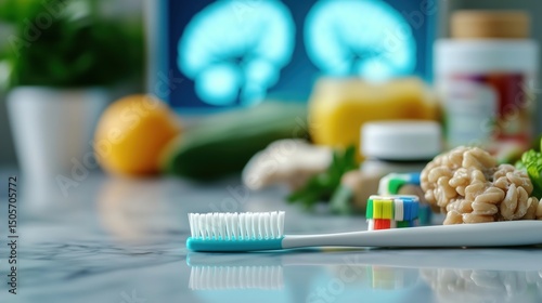 Dental floss and toothbrush with brain scan and food, emphasizing oral health's role in stroke prevention.