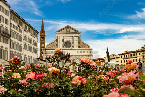 Basilica of Santa Maria Novella among colorful roses