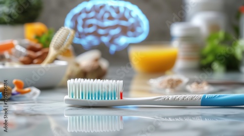 Dental floss and toothbrush with brain scan and food, emphasizing oral health's role in stroke prevention.