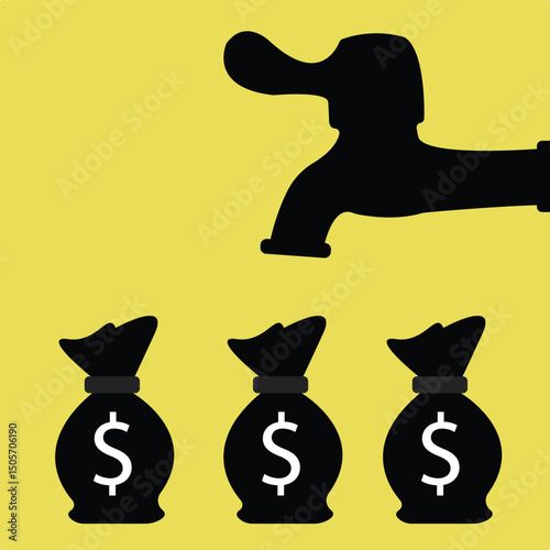 Money Faucet Silhoutte with dollar bags icon, Financial Concept - Business and investment symbol
