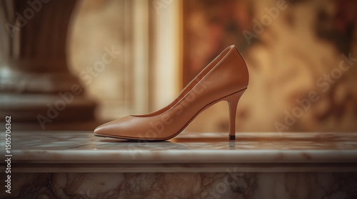 An elegant pair of women shoes displayed on a stylish table
