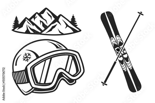 A vector illustration set for camping, featuring icons, drawings, and symbols of a camping site with a car and various tools