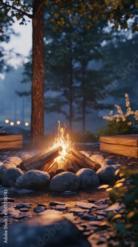 Campfire glowing warmly in a tranquil forest setting during dusk with tree silhouettes in the background