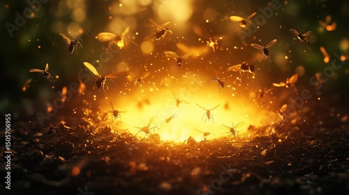 Diverse insect silhouettes emerging from glowing earth core, symbolizing evolution and life's origins.