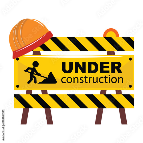 Construction barrier with helmet, black and yellow stripes, work in progress symbol, isolated illustration