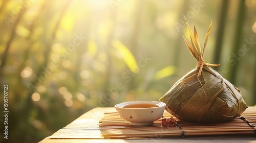 Traditional Zongzi on Wooden Table, Symbolizing Dragon Boat Festival's Cultural Heritage and Warmth