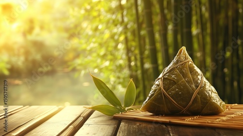 Traditional Zongzi on Wooden Table, Symbolizing Dragon Boat Festival's Cultural Heritage and Warmth