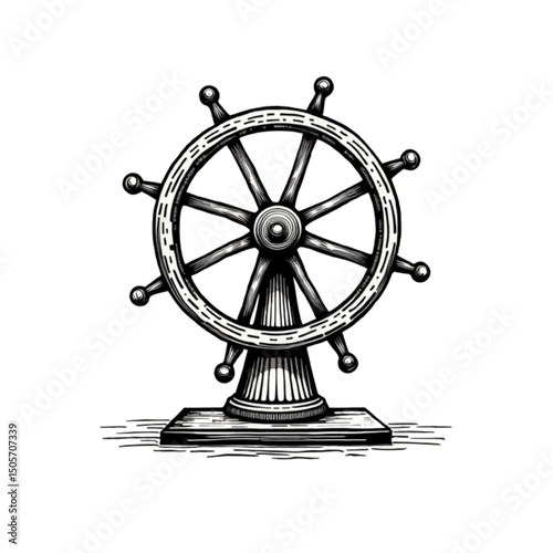 Vintage ship's steering wheel sketch in black and white depicting nautical charm