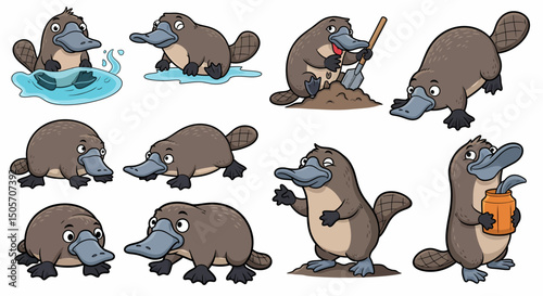 set of cartoon platypus animals vector