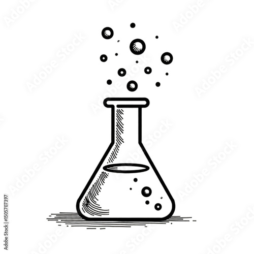 Vintage laboratory flask with bubbling liquid and bubbles in black and white
