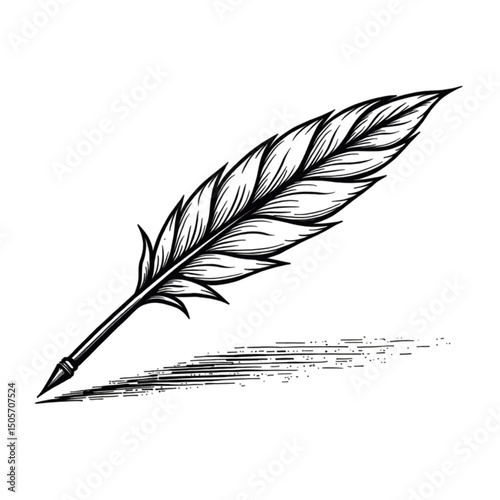 Detailed drawing of a sharpened vintage writing pen in black and white