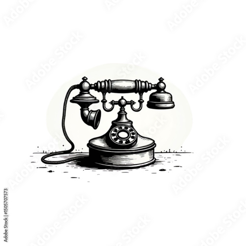 Vintage rotary telephone sketch in black and white with detailed craftsmanship

