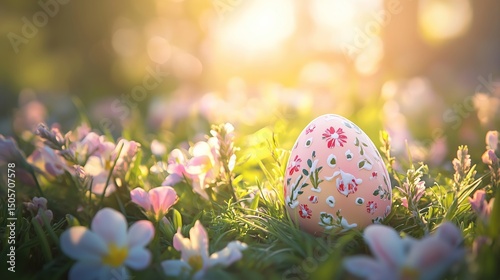 Pastel Easter Egg Amid Spring Flowers, Symbolizing Renewal and Joy