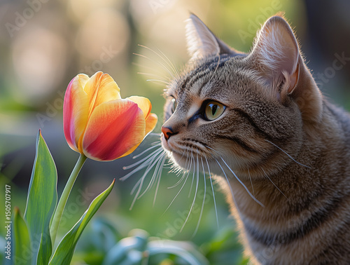 Curious cat sniffing vibrant red and yellow tulip in spring garden, close-up scene with soft natural lighting, green grass background and shallow depth of field highlighting floral detail