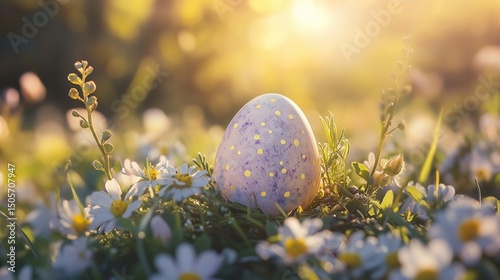 Pastel Easter Egg Amid Spring Flowers, Symbolizing Renewal and Joy