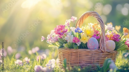 Pastel Easter egg basket with spring flowers, radiating warmth and joy in soft sunlight.