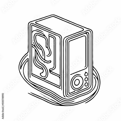 Line art illustration of an isometric microwave with swirling design  