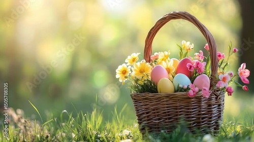 Pastel Easter egg basket with spring flowers, radiating warmth and joy in soft sunlight.