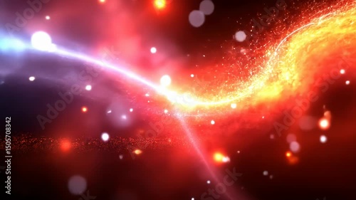Red and blue energy streams collide, creating a sparkling, swirling vortex of light and particles against a dark backdrop