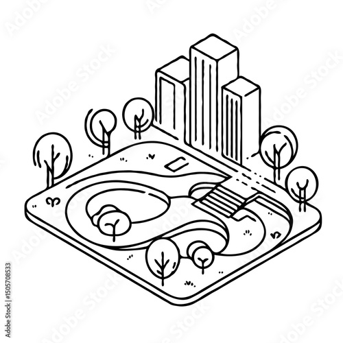 Isometric park with trees and buildings in a minimalist design  