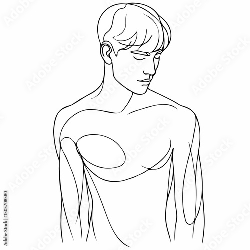 Line art illustration of a young man in a contemplative pose, concept of Isometric images  