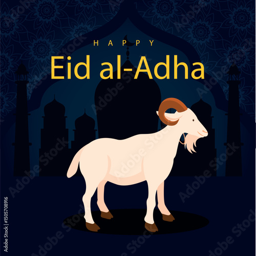 Eid al Adha Vector illustration with mosque , sheep and text . 