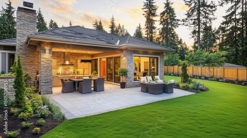 Elegant home with patio and outdoor kitchen under soft sunset glow, serene and inviting atmosphere.