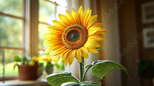 A vibrant sunflower in full bloom sits on a windowsill, bathed in sunlight.  The background is softly blurred, showing more plants and a rustic interior