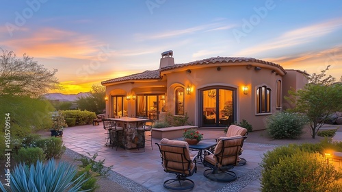 Elegant home with patio and outdoor kitchen under soft sunset glow, serene and inviting atmosphere.