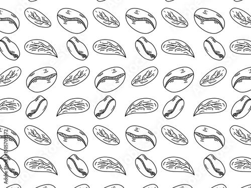 Seamless vector pattern featuring hand-drawn coffee beans and leaves in a simple black line art style on a white background. Perfect for cafe branding, packaging, textile, and wallpaper designs.