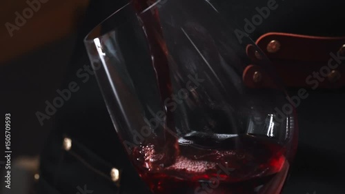 Pouring red wine from bottle into glass. Wine degustation.