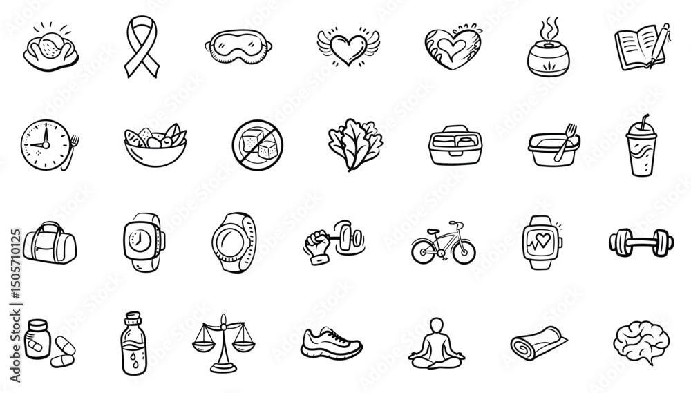 Fototapeta premium Health and Wellness Doodle Icons Set – Self-care, Fitness, Nutrition, Mental Health