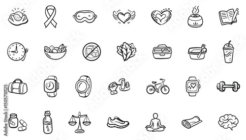 Health and Wellness Doodle Icons Set – Self-care, Fitness, Nutrition, Mental Health